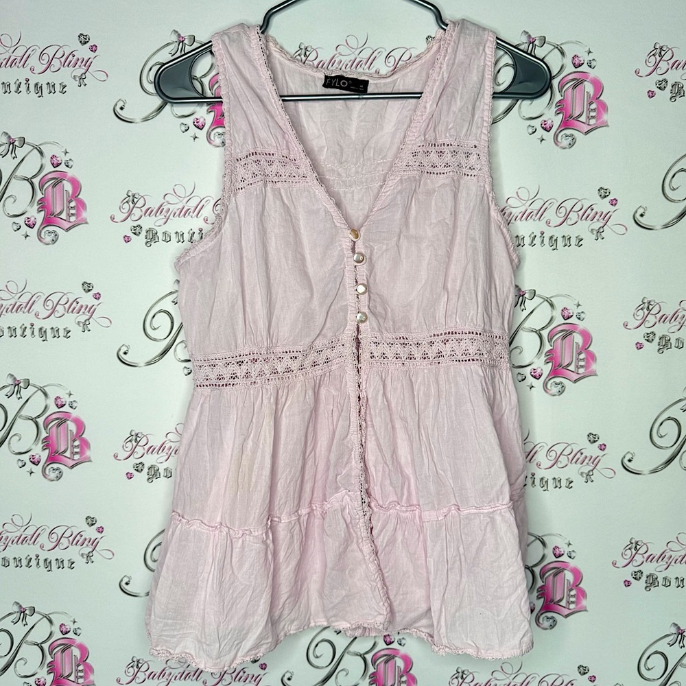 Fylo tank top crochet tiered ruffle bubblegum pink boho frilly lace trim y2k